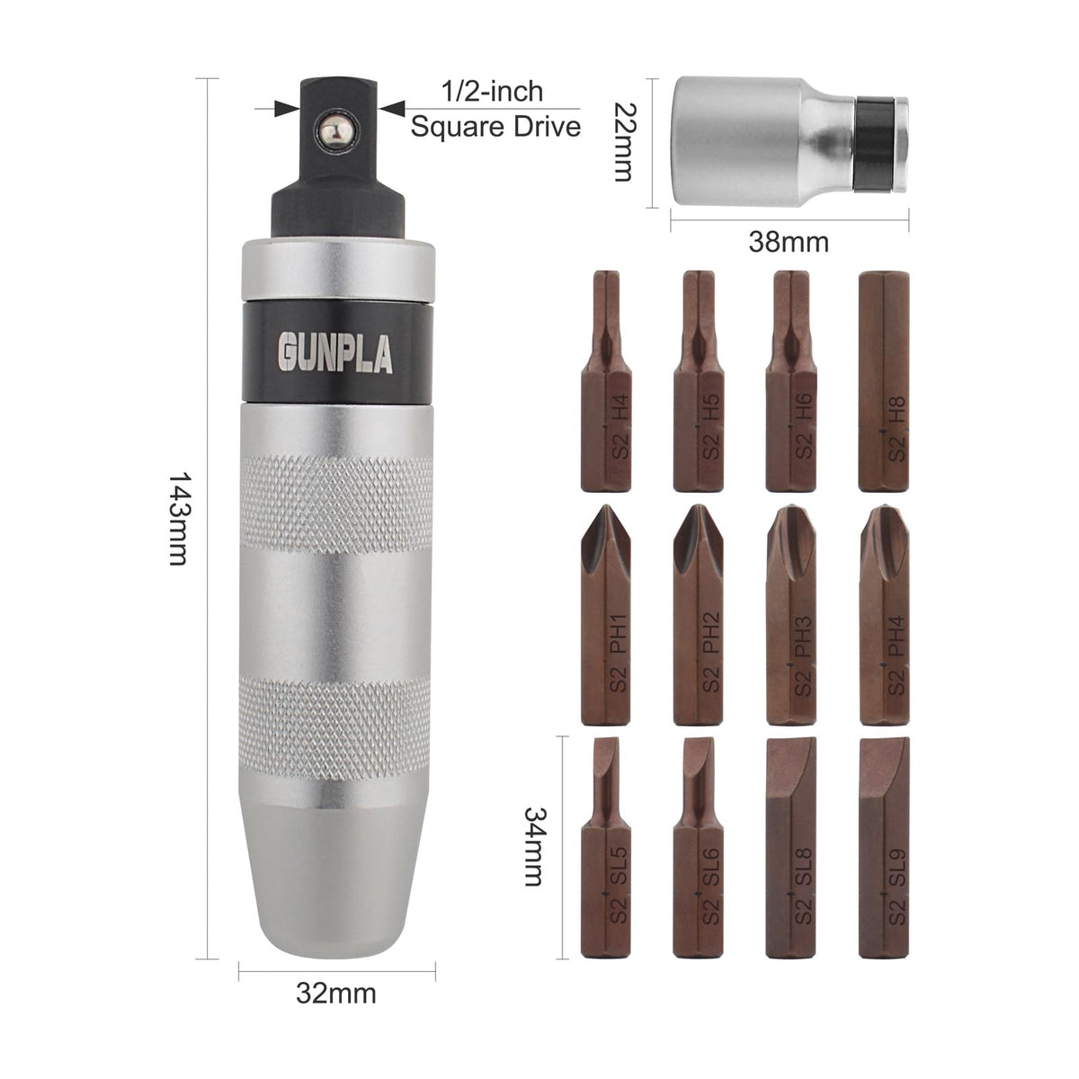 Gunpla Juego de 14 destornilladores de impacto, destornillador de impacto manual de aleación de acero 40CR de grado industrial con destornillador hexagonal ranurado Phillips, adaptador de trinquete