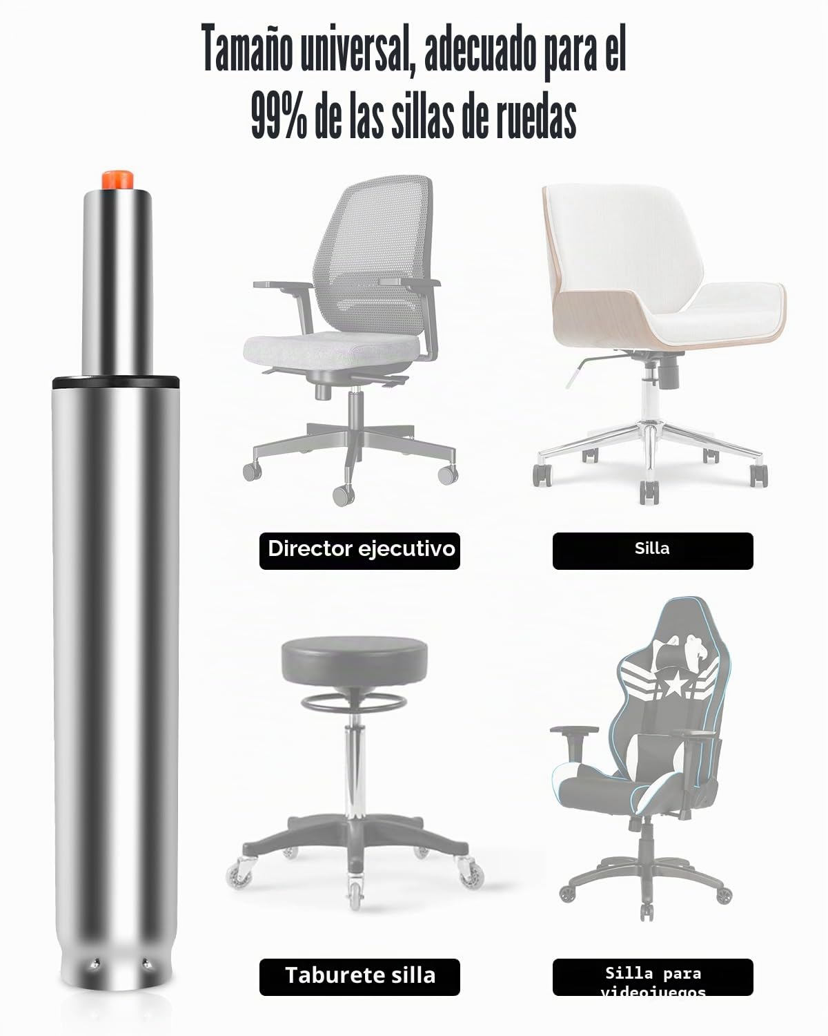 FAOKZE Cilindro de Gas para Silla de Oficina,Pistón de Acero de Repuesto, Pistón a Gas para Silla de Oficina,270 mm-390 mm Longitud Total, para sillas Gaming, con 5 Ruedas universales, Plata