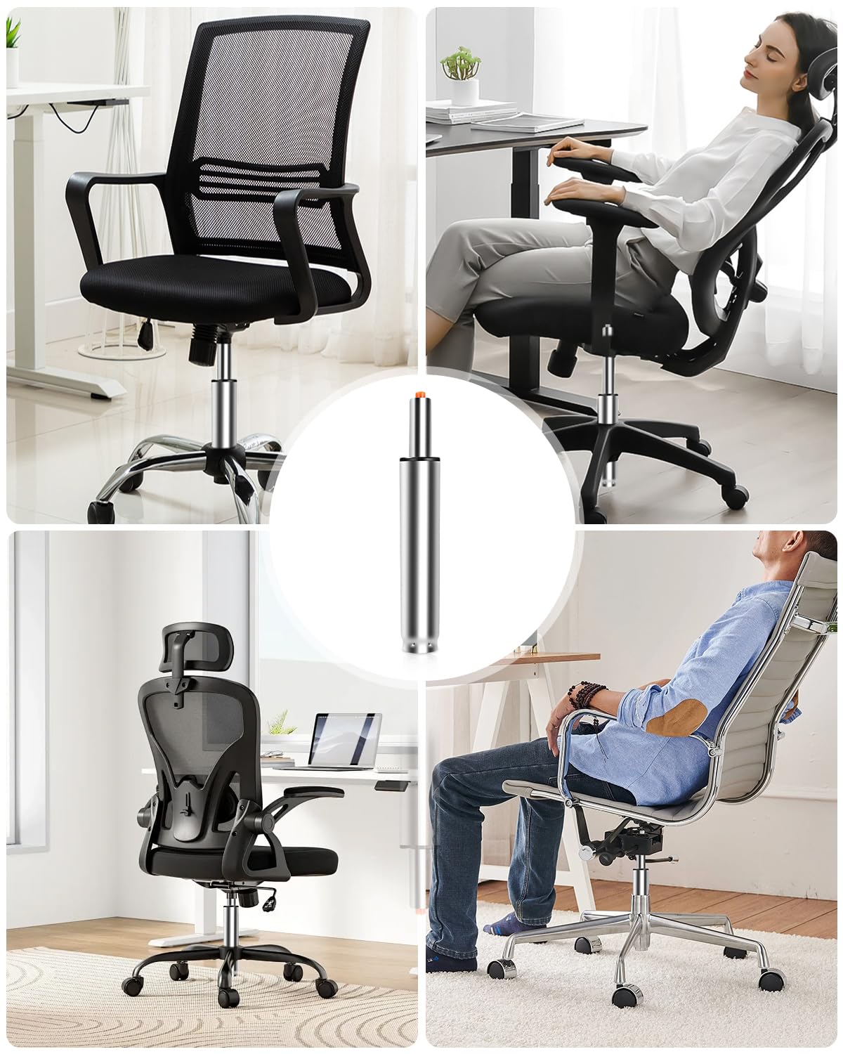 FAOKZE Cilindro de Gas para Silla de Oficina,Pistón de Acero de Repuesto, Pistón a Gas para Silla de Oficina,270 mm-390 mm Longitud Total, para sillas Gaming, con 5 Ruedas universales, Plata