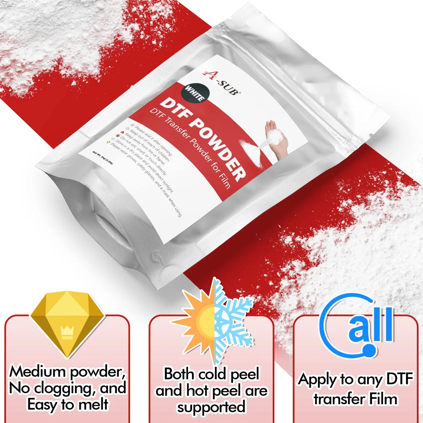 A-SUB Polvo DTF, polvo de transferencia DTF blanco de 1 kg, polvo adhesivo termofusible para sublimación, funciona con película de transferencia DTF e impresora DTF para impresiones digitales en A-SUB