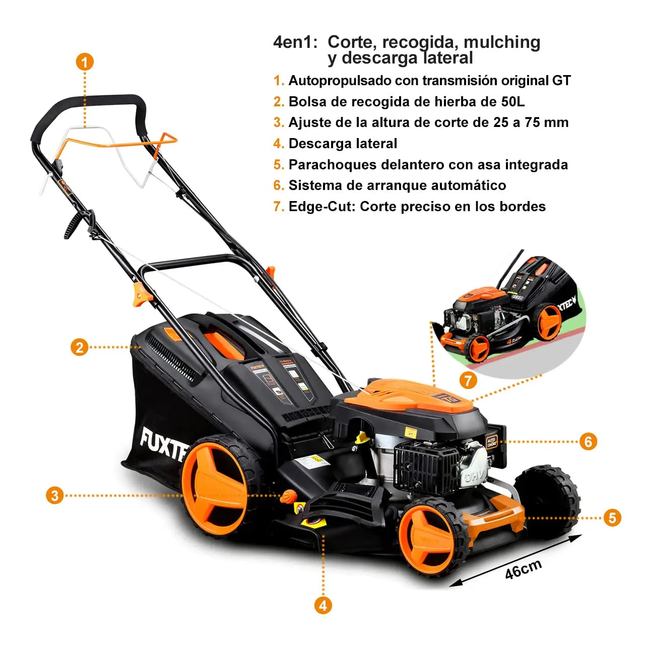 Cortacésped de tracción de gasolina autopropulsado FUXTEC FX-RM4646 46cm de ancho de corte, potente motor de gasolina con transmisión GT 146cc Easy Clean 4en1 2,6KW mulching/bolsa de césped 50L FUXTEC