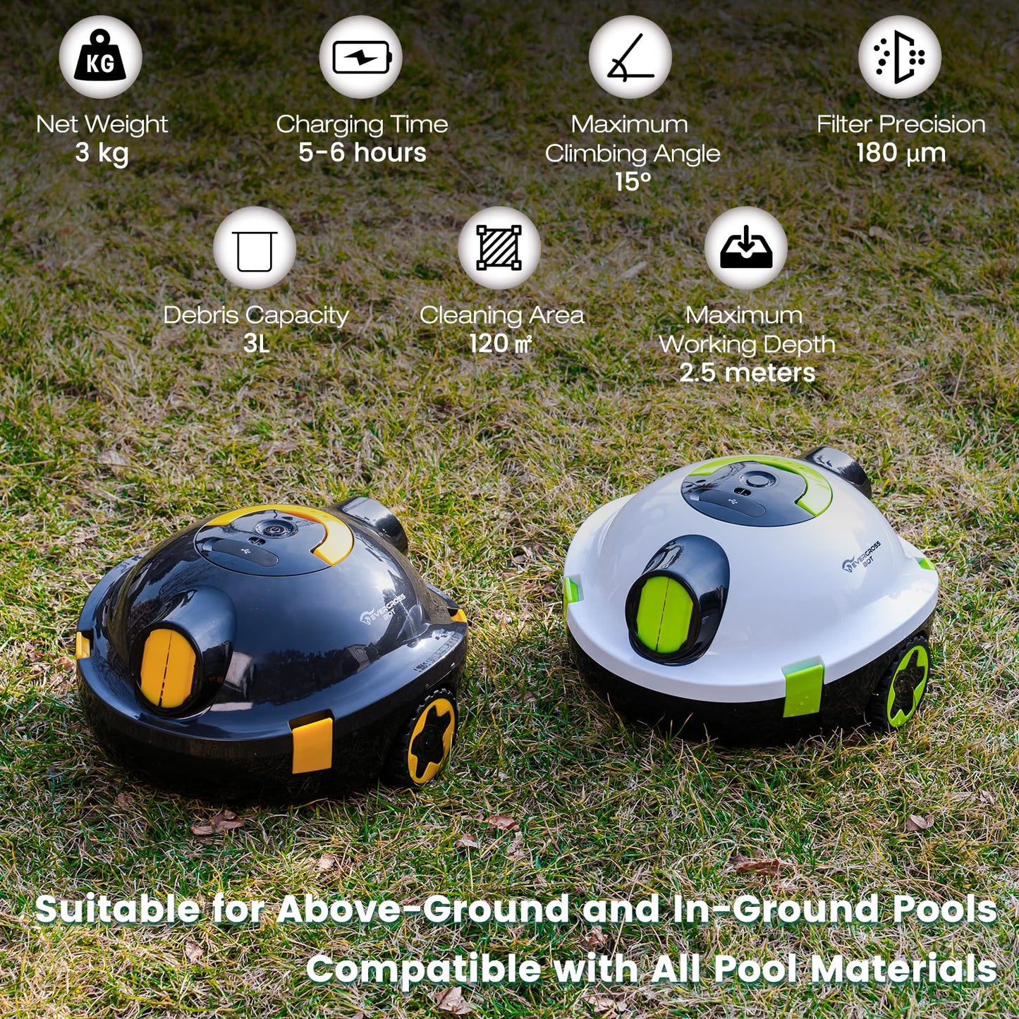 EVERCROSS BOT Robot Limpia fondos Piscina sin Cable - 100 Min Autonomía, Limpiador Automático de Fondo, Doble Motor 40W para Piscinas hasta 120㎡, Filtro 180μm, Depósito 3L, IPX8