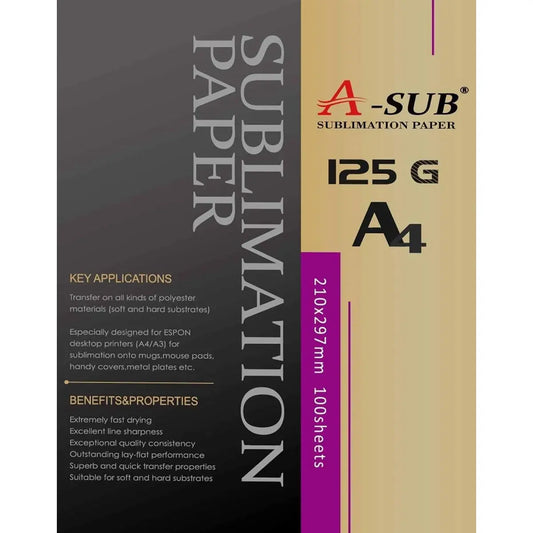 A-SUB Papel de sublimación A4, 210x297 mm, 100 hojas, 125 g/m², Compatible con la impresora de sublimación EPSON, SAWGRASS, RICOH, BROTHER A-SUB