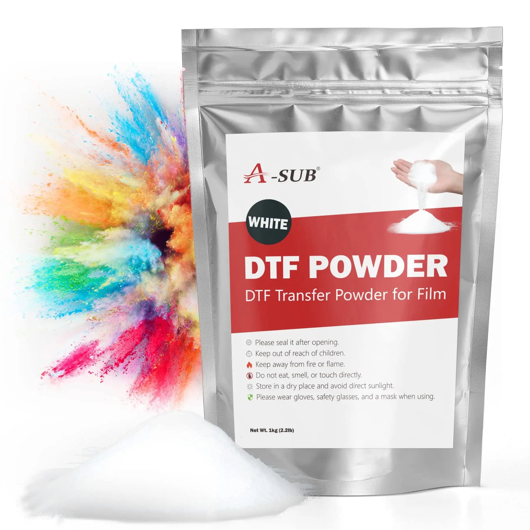 A-SUB Polvo DTF, polvo de transferencia DTF blanco de 1 kg, polvo adhesivo termofusible para sublimación, funciona con película de transferencia DTF e impresora DTF para impresiones digitales en A-SUB
