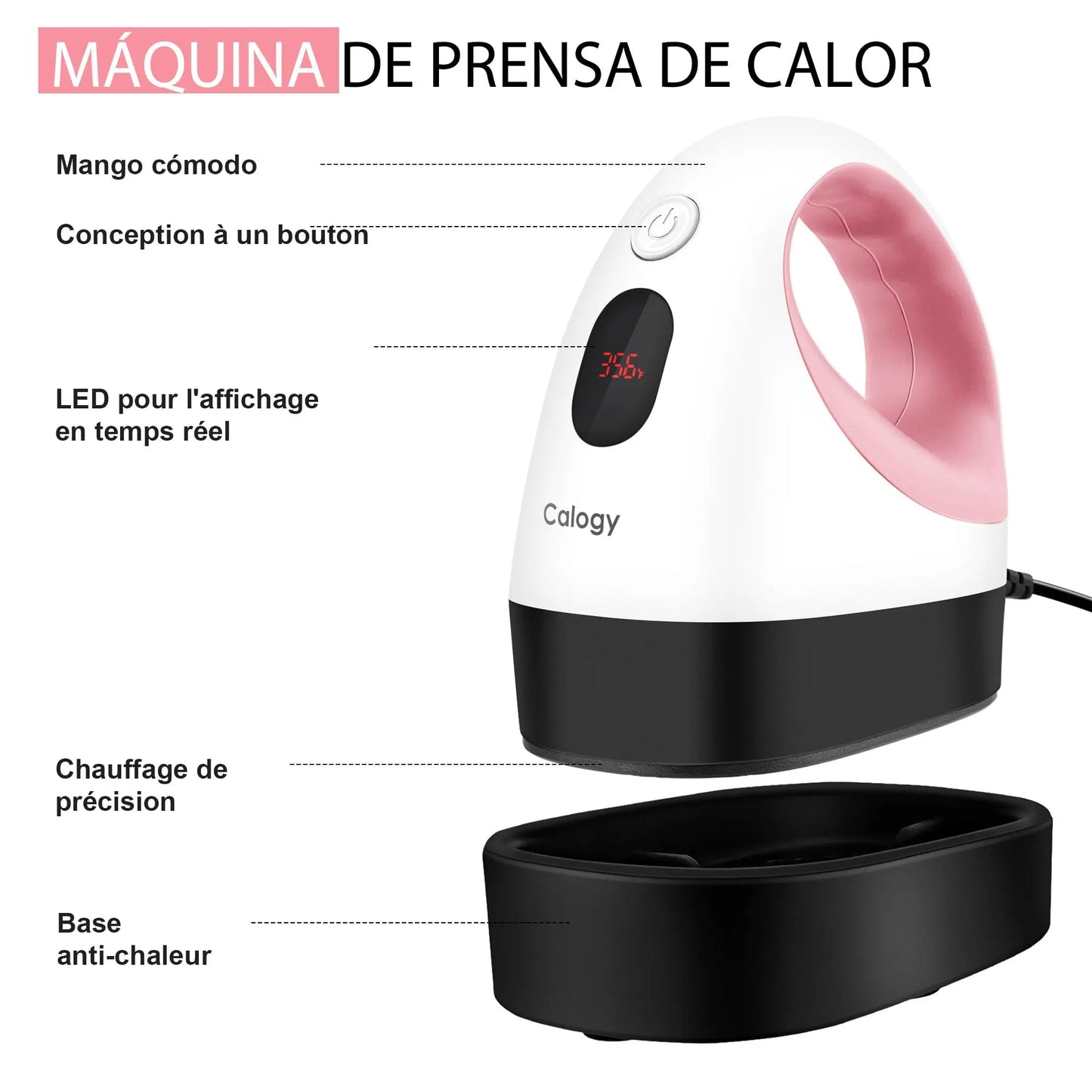 Calogy Mini Prensa De Calor, Impresora De Transferencia De Calor, Plancha Led Pequeña Y Portátil, Control De Temperatura, Base De Seguridad Aislada, Se Adapta A Manualidades, Gorras (Blanco Rosa) Calogy