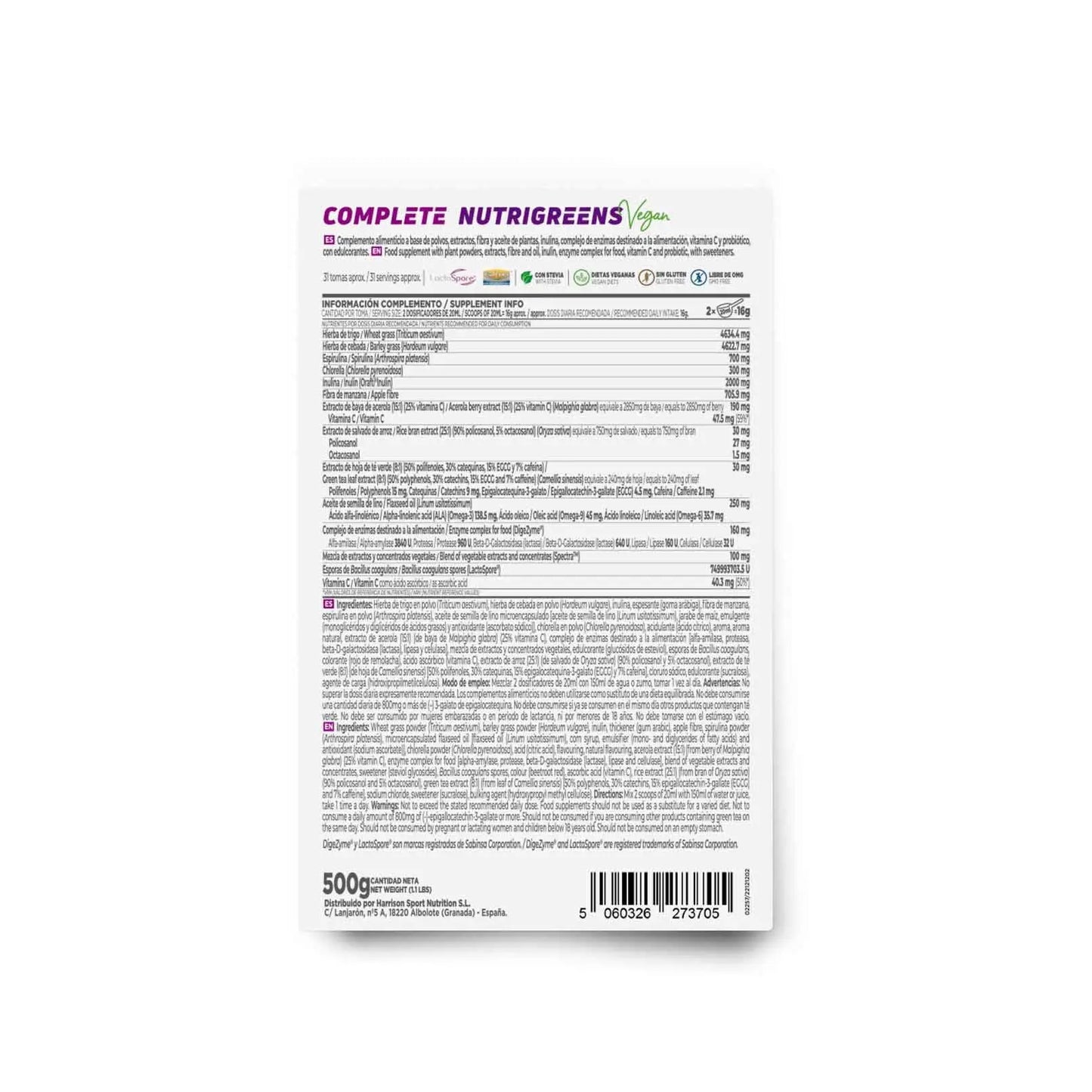 Complete Nutrigreens de HSN | 500 g de Greens en Polvo | 100% Natural Super Alimento Rico en Vitaminas, Minerales y Fibra | No-GMO, Vegano, Sin Lactosa, Sin Sabor HSN