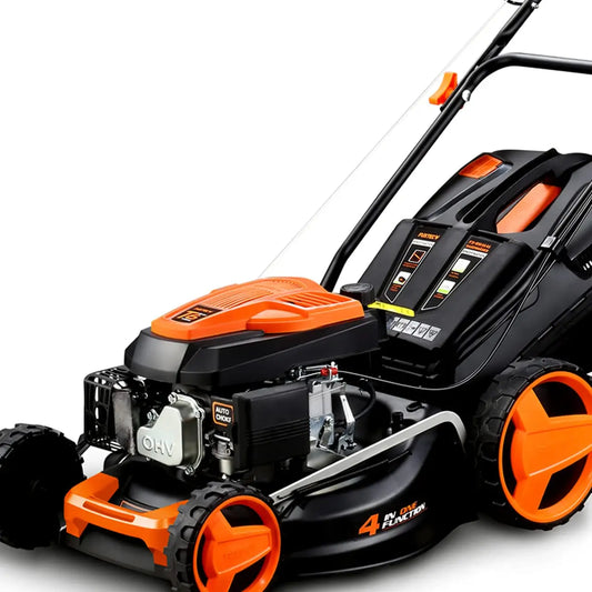 Cortacésped de tracción de gasolina autopropulsado FUXTEC FX-RM4646 46cm de ancho de corte, potente motor de gasolina con transmisión GT 146cc Easy Clean 4en1 2,6KW mulching/bolsa de césped 50L FUXTEC
