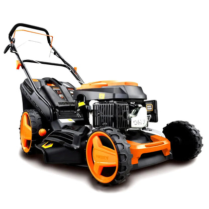 Cortacésped de tracción de gasolina autopropulsado FUXTEC FX-RM4646 46cm de ancho de corte, potente motor de gasolina con transmisión GT 146cc Easy Clean 4en1 2,6KW mulching/bolsa de césped 50L FUXTEC