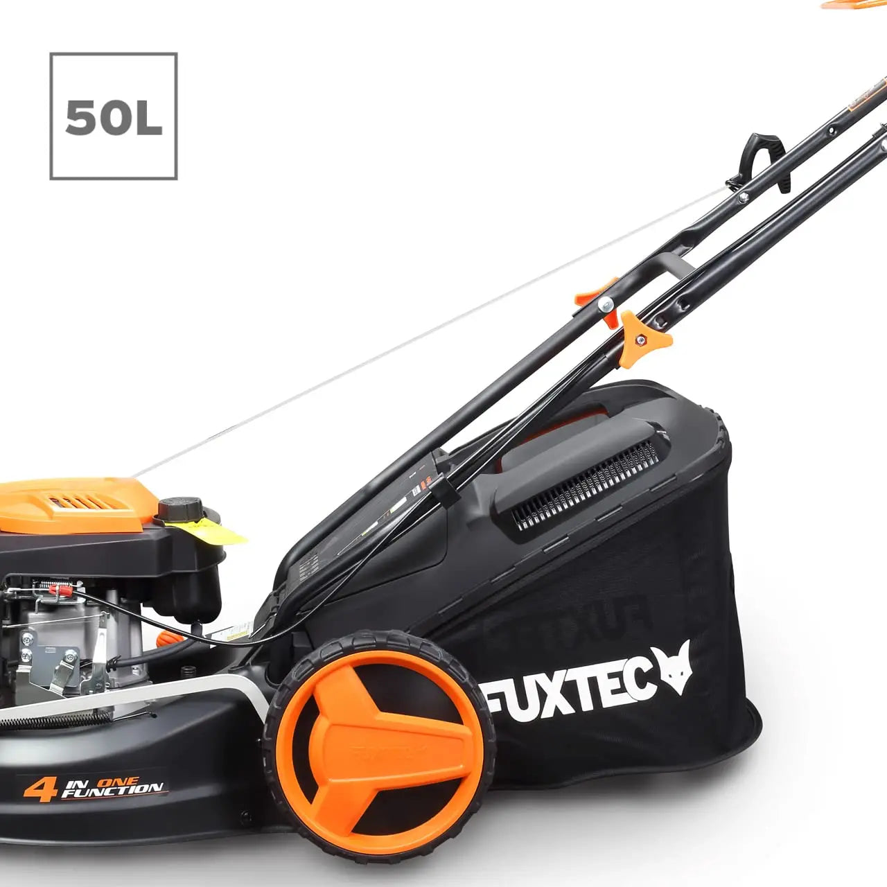 Cortacésped de tracción de gasolina autopropulsado FUXTEC FX-RM4646 46cm de ancho de corte, potente motor de gasolina con transmisión GT 146cc Easy Clean 4en1 2,6KW mulching/bolsa de césped 50L FUXTEC