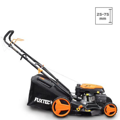 Cortacésped de tracción de gasolina autopropulsado FUXTEC FX-RM4646 46cm de ancho de corte, potente motor de gasolina con transmisión GT 146cc Easy Clean 4en1 2,6KW mulching/bolsa de césped 50L FUXTEC