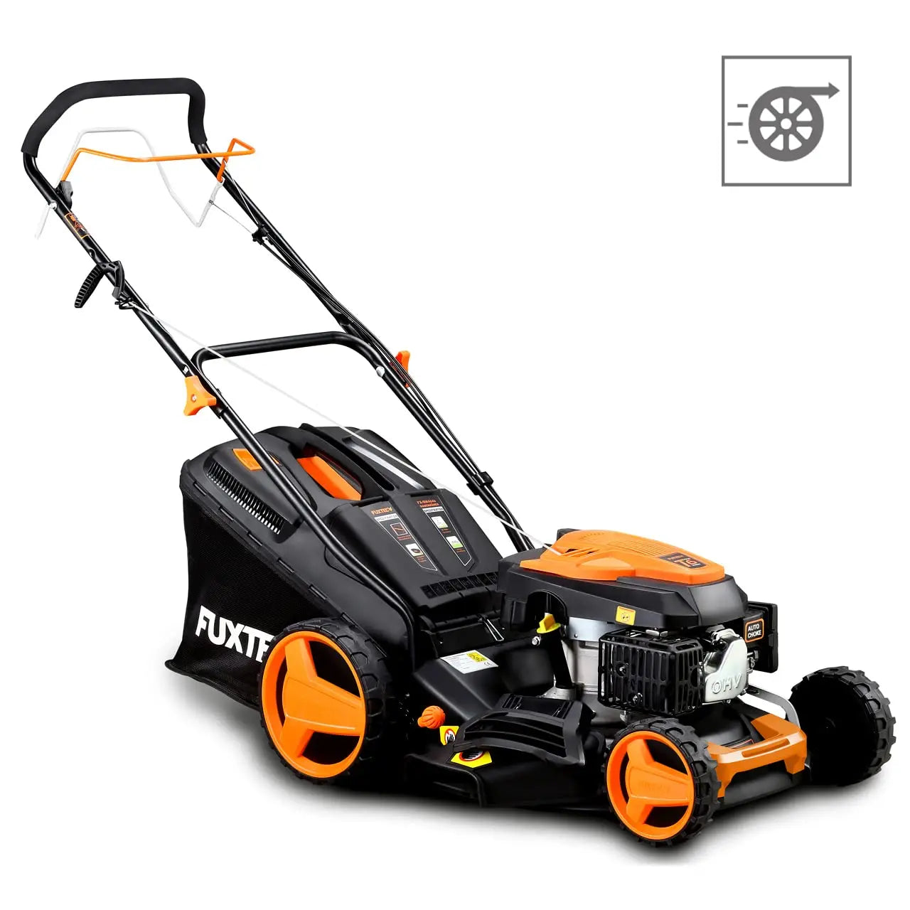 Cortacésped de tracción de gasolina autopropulsado FUXTEC FX-RM4646 46cm de ancho de corte, potente motor de gasolina con transmisión GT 146cc Easy Clean 4en1 2,6KW mulching/bolsa de césped 50L FUXTEC