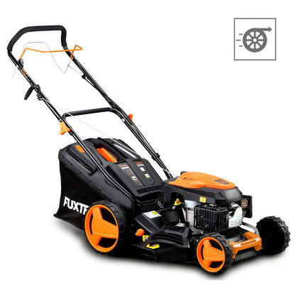 Cortacésped de tracción de gasolina autopropulsado FUXTEC FX-RM4646 46cm de ancho de corte, potente motor de gasolina con transmisión GT 146cc Easy Clean 4en1 2,6KW mulching/bolsa de césped 50L FUXTEC