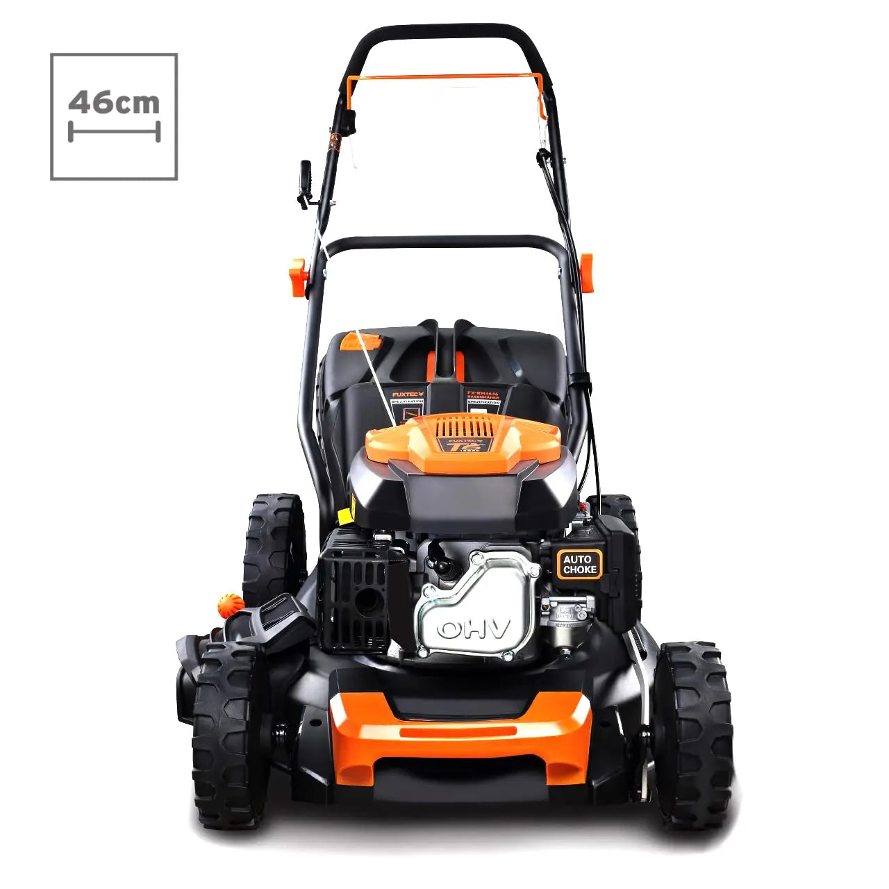 Cortacésped de tracción de gasolina autopropulsado FUXTEC FX-RM4646 46cm de ancho de corte, potente motor de gasolina con transmisión GT 146cc Easy Clean 4en1 2,6KW mulching/bolsa de césped 50L FUXTEC