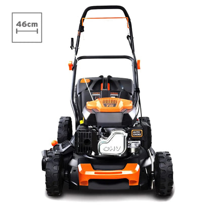 Cortacésped de tracción de gasolina autopropulsado FUXTEC FX-RM4646 46cm de ancho de corte, potente motor de gasolina con transmisión GT 146cc Easy Clean 4en1 2,6KW mulching/bolsa de césped 50L FUXTEC