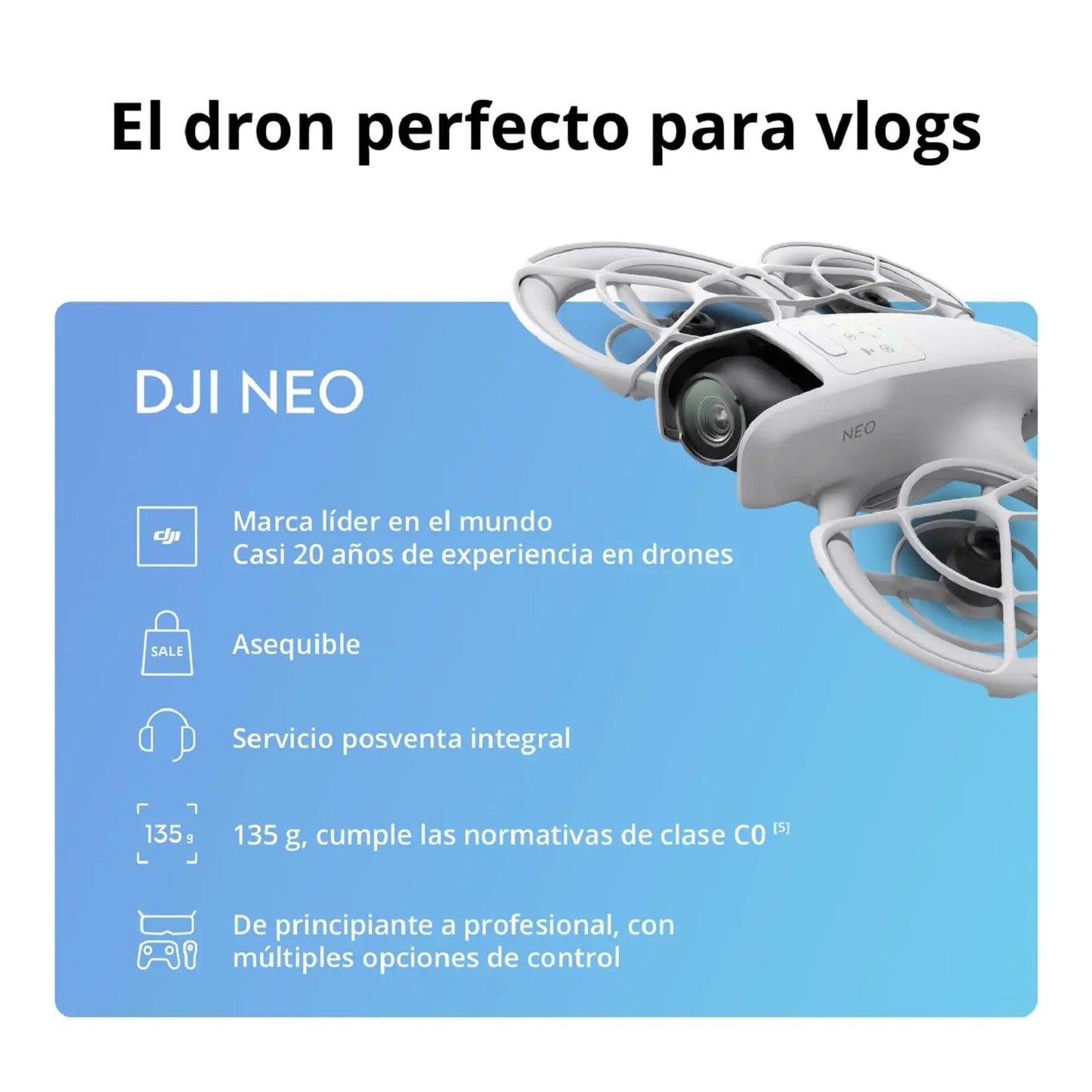 DJI Neo, dron mini con cámara 4K UHD para adultos, 135 g dron que vuela siguiéndote, despega desde la mano, seguimiento de objetivos, QuickShots, vídeo estabilizado (sin control remoto) DJI