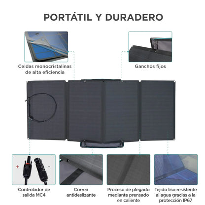 ECOFLOW Panel Solar Portátil 160W para Generador de Energía, Cargador Solar Plegable Fijable a Soporte Ajustable, Resistencia al Agua IP67 para Acampadas al Aire Libre, Autocaravanas EF ECOFLOW