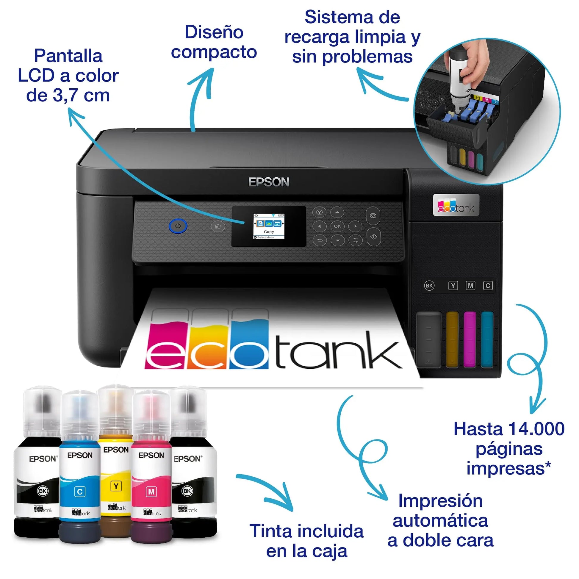 Epson EcoTank ET-2850, Impresora Wifi A4 Multifunción , Impresión Doble Cara Automática (Dúplex) y Pantalla LCD, 3en1: Impresión, Copiadora, Escáner, Mobile Printing, Color Negro Epson