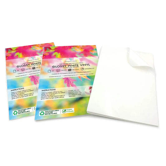 Evergreen Goods - 20 hojas vinilo blanco brillante A4 | Imprimible inyección de tinta impermeable | Crea tus propias pegatinas - Etiquetas autoadhesivas para productos | PVC adhesivo EVG