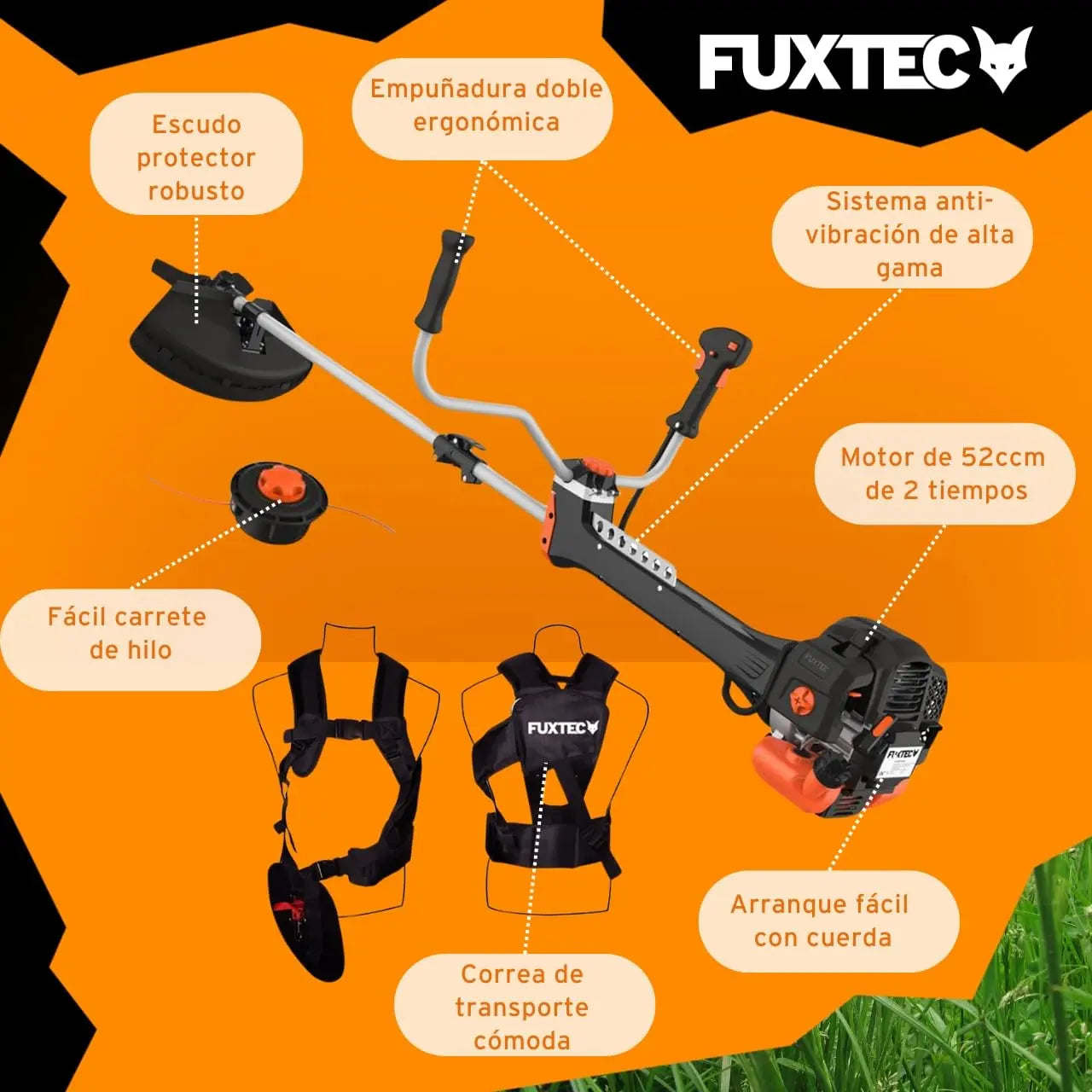 FUXTEC Desbrozadora Profesional de Gasolina Multifunción PS152 de 52 CC, 3 CV - con Correa para el Hombro, Cuchilla de 3 Dientes, Carrete, Sistema antivibración y cortadora - Motor de 2 Tiempos FUXTEC