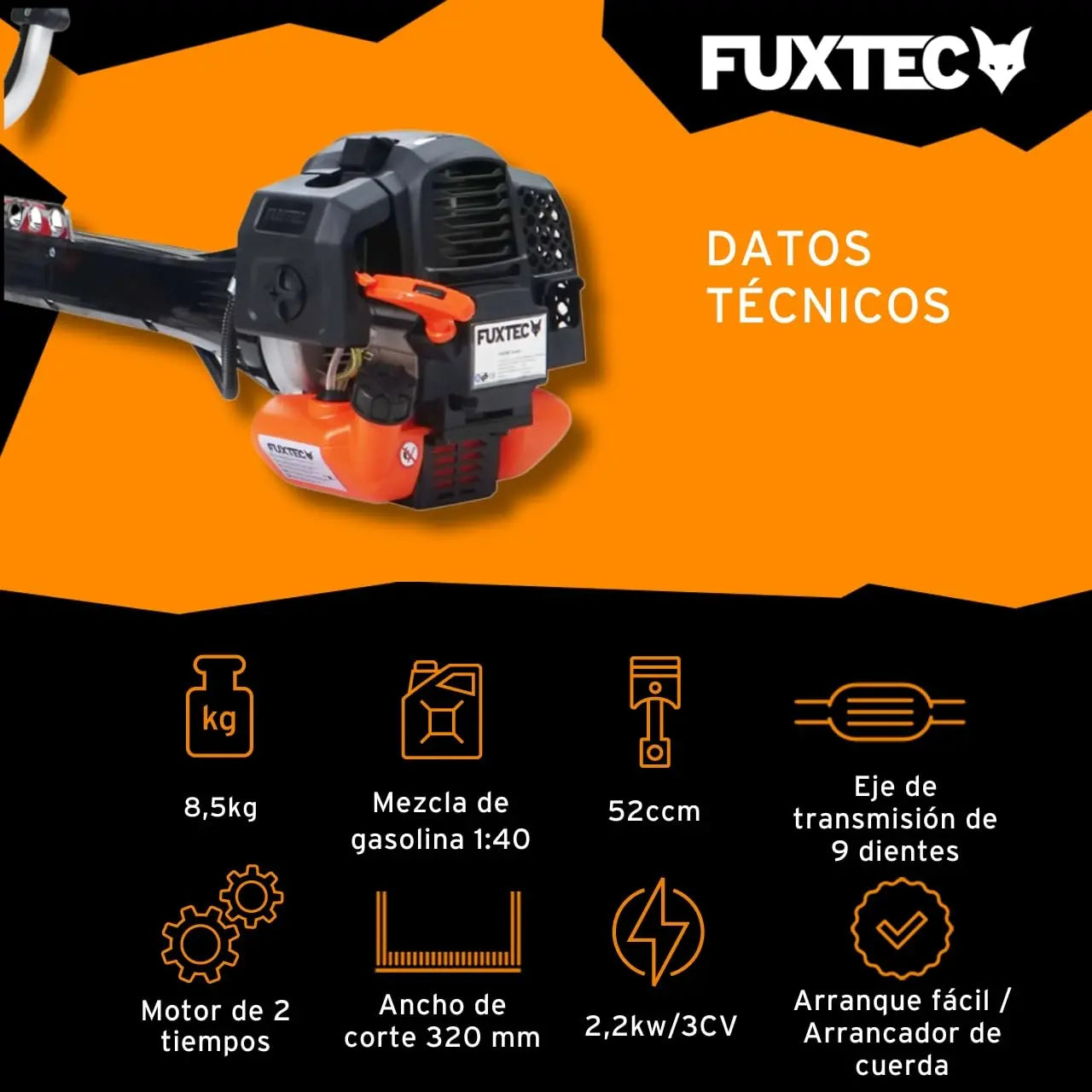 FUXTEC Desbrozadora Profesional de Gasolina Multifunción PS152 de 52 CC, 3 CV - con Correa para el Hombro, Cuchilla de 3 Dientes, Carrete, Sistema antivibración y cortadora - Motor de 2 Tiempos FUXTEC