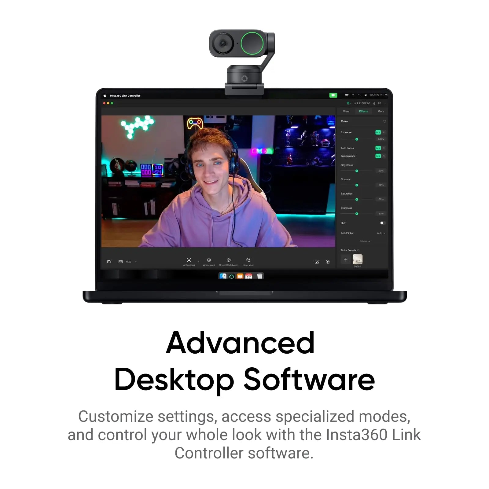 Insta360 Link 2 Paquete Estándar - Webcam 4K PTZ PC/Mac, Sensor 1/2", Seguimiento IA, HDR, cancelación de Ruido por IA, Control por Gestos para Streaming, videollamadas, Gaming, Funciona con Zoom Insta360