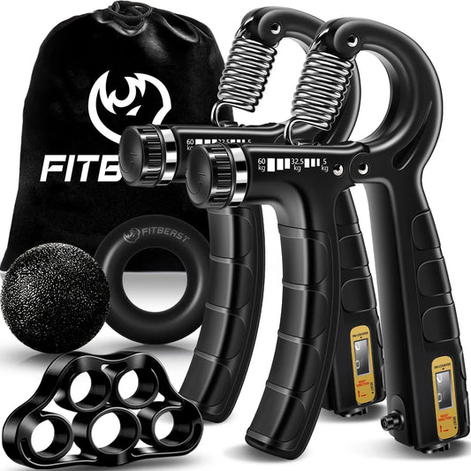 Kit de Entrenamiento para Fortalecer Agarre FitBeast 5 Piezas, 2 Resistencia Ajustable para Antebrazo, Estirador de Dedos, Anillo de Agarre y Bola de Alivio Estrés para Atletas FitBeast