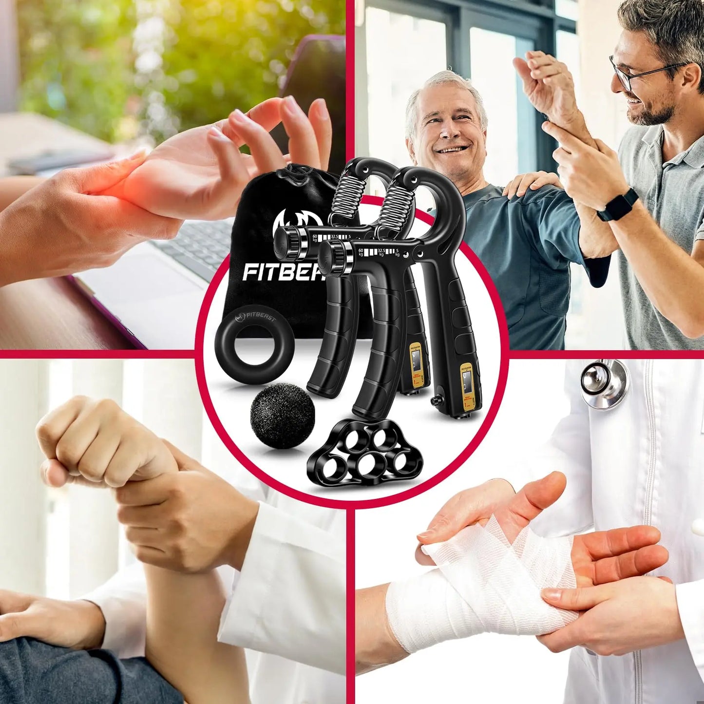 Kit de Entrenamiento para Fortalecer Agarre FitBeast 5 Piezas, 2 Resistencia Ajustable para Antebrazo, Estirador de Dedos, Anillo de Agarre y Bola de Alivio Estrés para Atletas FitBeast