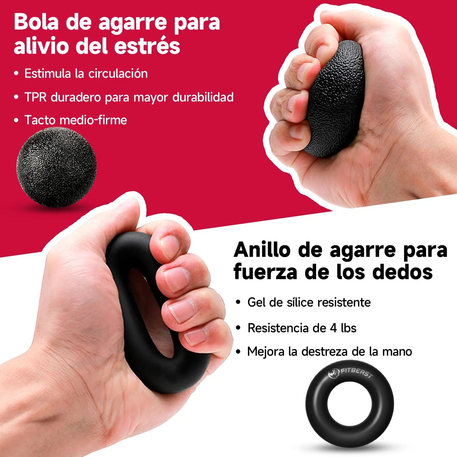 Kit de Entrenamiento para Fortalecer Agarre FitBeast 5 Piezas, 2 Resistencia Ajustable para Antebrazo, Estirador de Dedos, Anillo de Agarre y Bola de Alivio Estrés para Atletas FitBeast