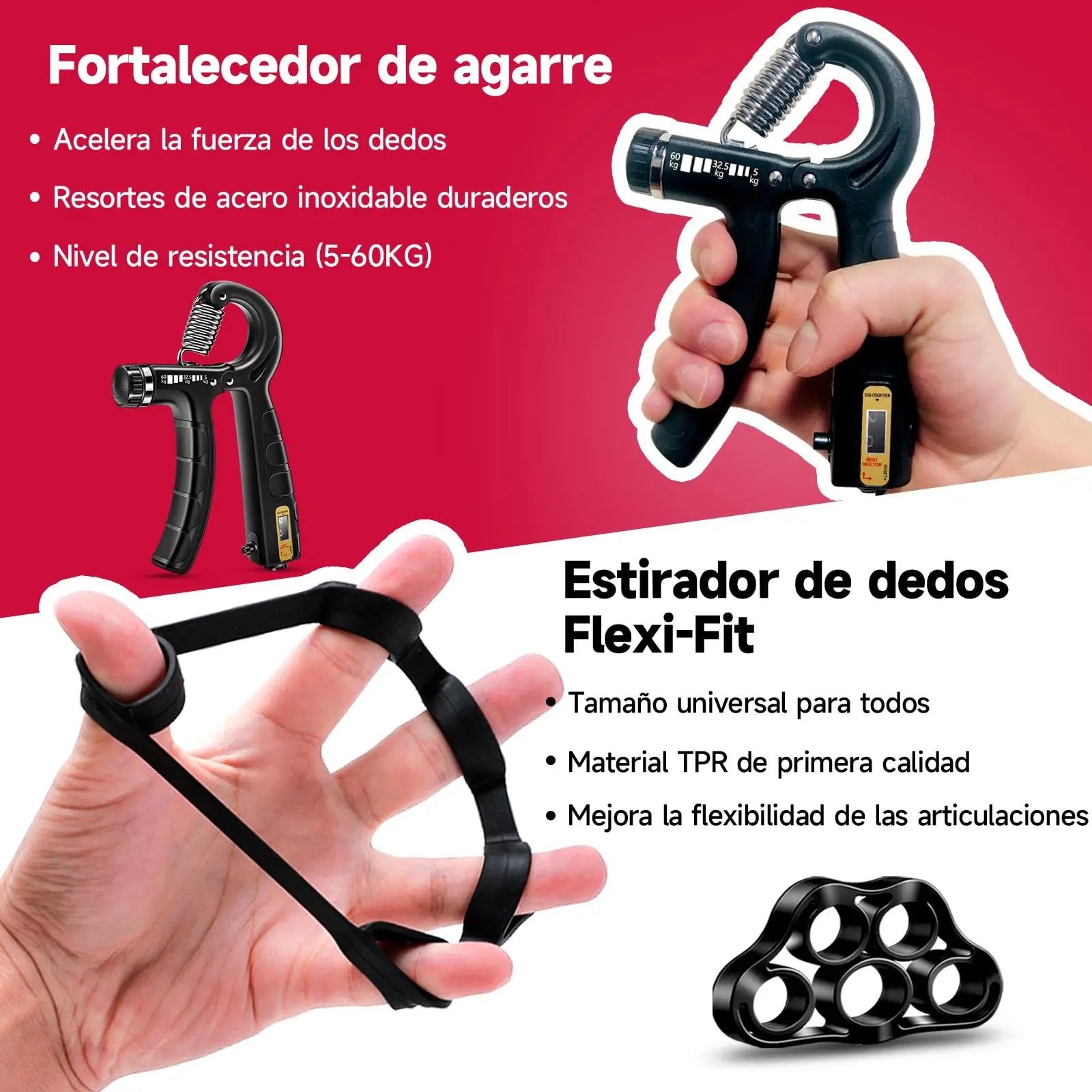 Kit de Entrenamiento para Fortalecer Agarre FitBeast 5 Piezas, 2 Resistencia Ajustable para Antebrazo, Estirador de Dedos, Anillo de Agarre y Bola de Alivio Estrés para Atletas FitBeast