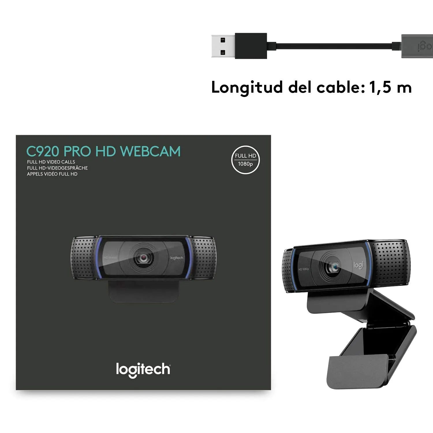 Logitech C920 HD Pro Webcam,Videoconferencias1080p/30 fps,Sonido Estéreo,Corrección de Iluminación HD,Skype/Hangouts/FaceTime, PC/Mac/Android/Chromebook, Funcionan con Teams, Google Meet, Zoom-Negro Logitech