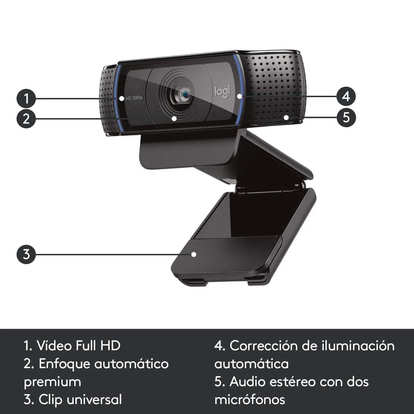 Logitech C920 HD Pro Webcam,Videoconferencias1080p/30 fps,Sonido Estéreo,Corrección de Iluminación HD,Skype/Hangouts/FaceTime, PC/Mac/Android/Chromebook, Funcionan con Teams, Google Meet, Zoom-Negro Logitech