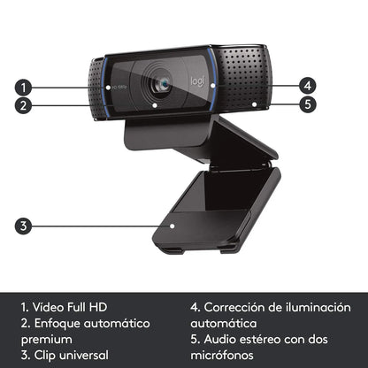 Logitech C920 HD Pro Webcam,Videoconferencias1080p/30 fps,Sonido Estéreo,Corrección de Iluminación HD,Skype/Hangouts/FaceTime, PC/Mac/Android/Chromebook, Funcionan con Teams, Google Meet, Zoom-Negro Logitech