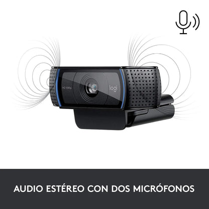 Logitech C920 HD Pro Webcam,Videoconferencias1080p/30 fps,Sonido Estéreo,Corrección de Iluminación HD,Skype/Hangouts/FaceTime, PC/Mac/Android/Chromebook, Funcionan con Teams, Google Meet, Zoom-Negro Logitech