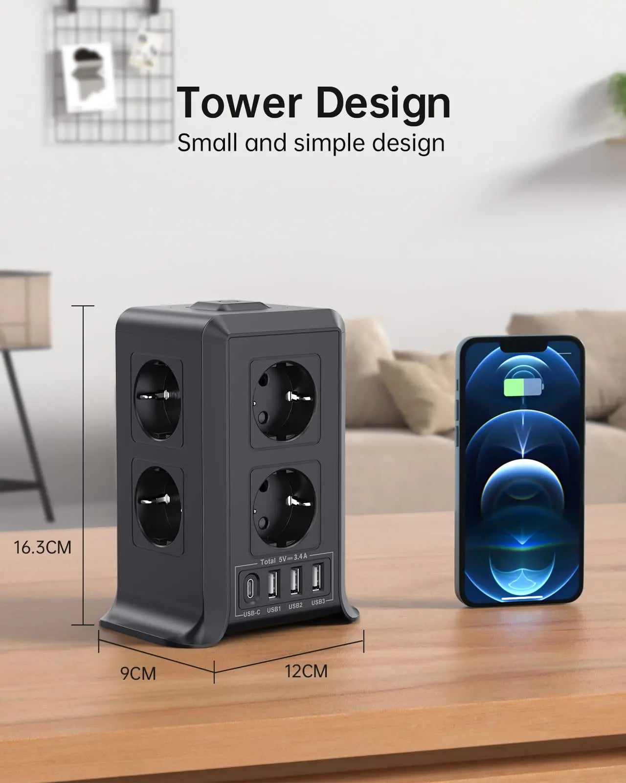 Regleta USB 8 Tomas de AC y 4 USB Enchufe Múltiple, 2500W/10A,Regleta Enchufes Protección Sobretensión, 2M Regletas Vertical con Interruptor para Mesa - SacrificioShop