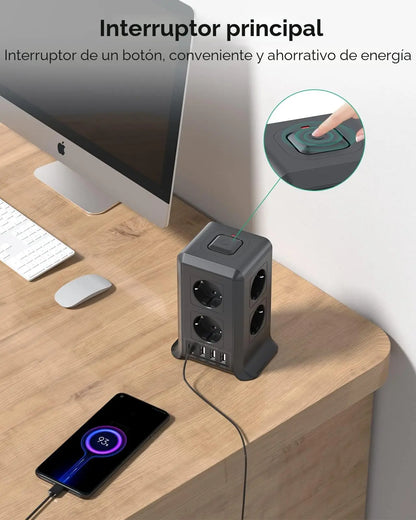 Regleta USB 8 Tomas de AC y 4 USB Enchufe Múltiple, 2500W/10A,Regleta Enchufes Protección Sobretensión, 2M Regletas Vertical con Interruptor para Mesa - SacrificioShop