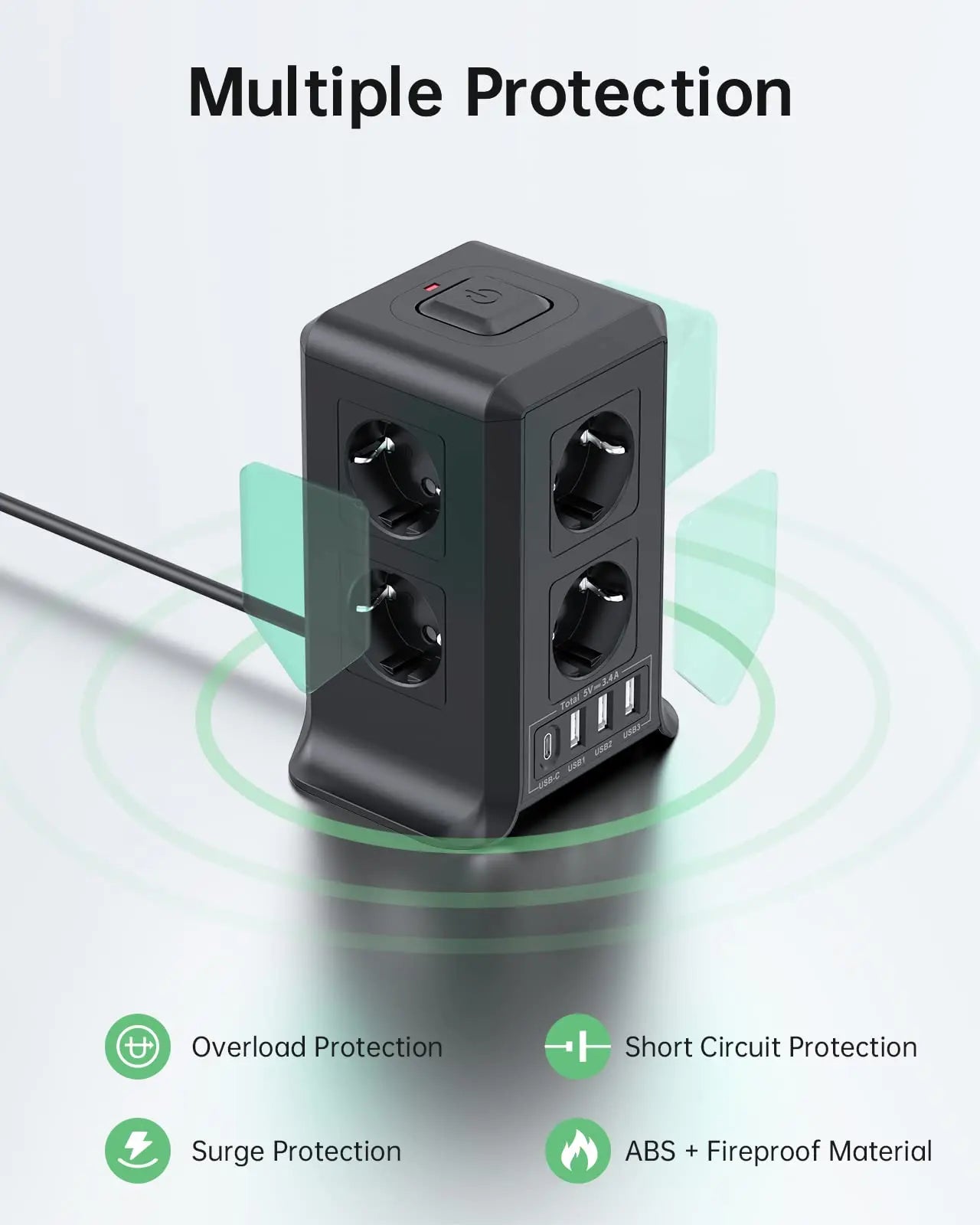 Regleta USB 8 Tomas de AC y 4 USB Enchufe Múltiple, 2500W/10A,Regleta Enchufes Protección Sobretensión, 2M Regletas Vertical con Interruptor para Mesa - SacrificioShop