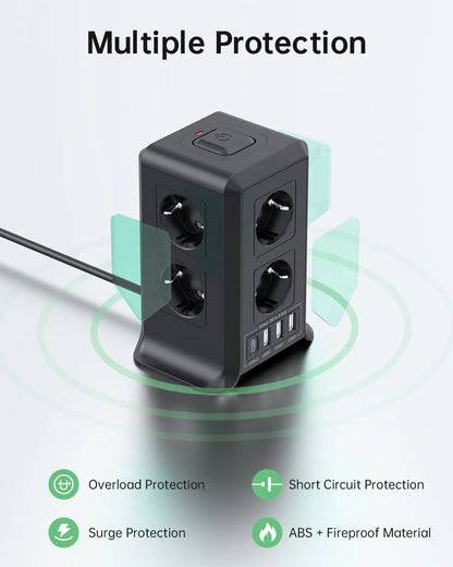 Regleta USB 8 Tomas de AC y 4 USB Enchufe Múltiple, 2500W/10A,Regleta Enchufes Protección Sobretensión, 2M Regletas Vertical con Interruptor para Mesa - SacrificioShop