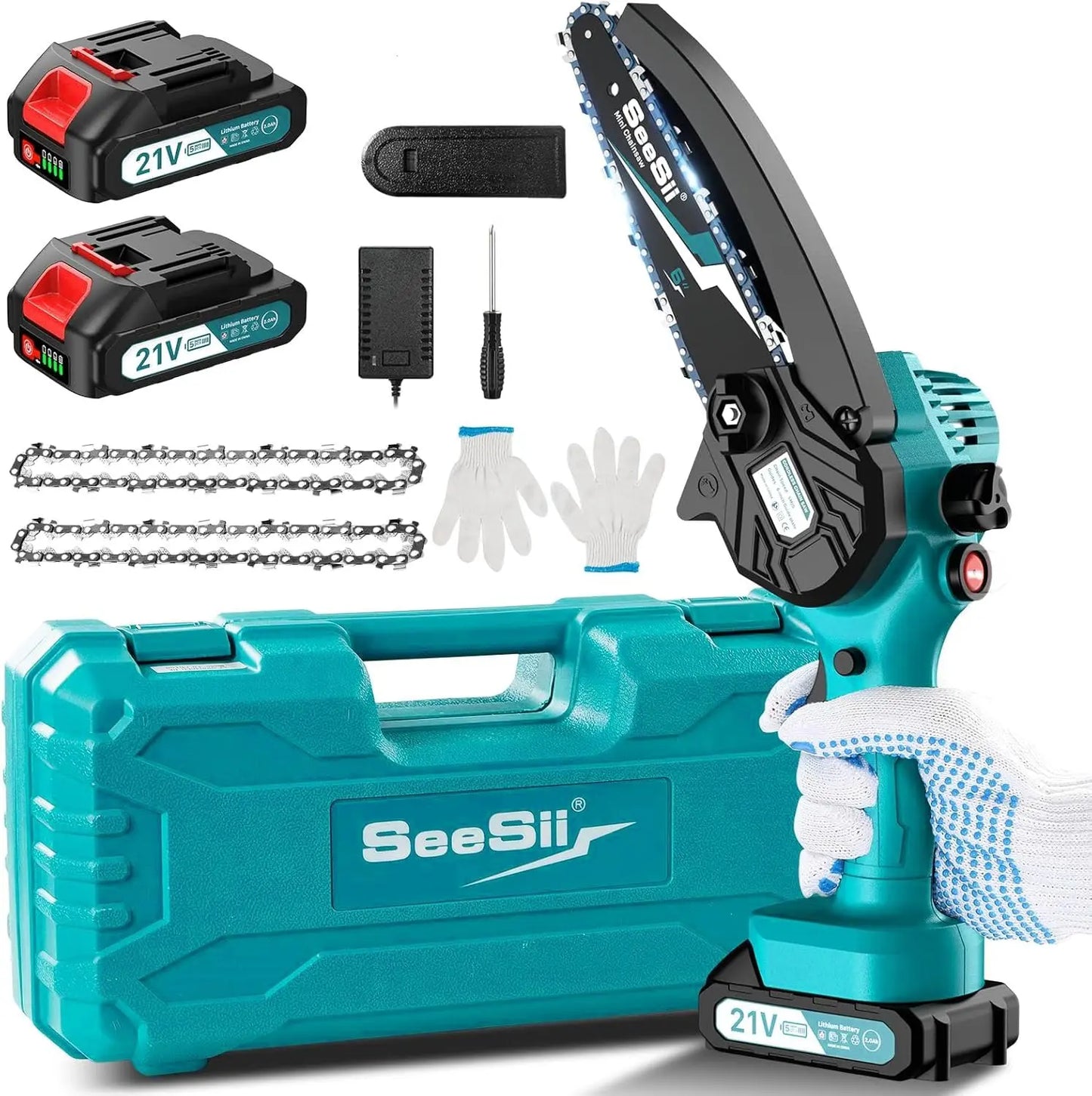 SEESII 6'' Mini Motosierra Bateria 4000mAh, 1100W Motosierra Eléctrica Bateria con Depósito Para El Aceite y Cadena Reemplazable, Motosierra Inalámbrica Portátil para Podar Árboles de Jardinería Seesii