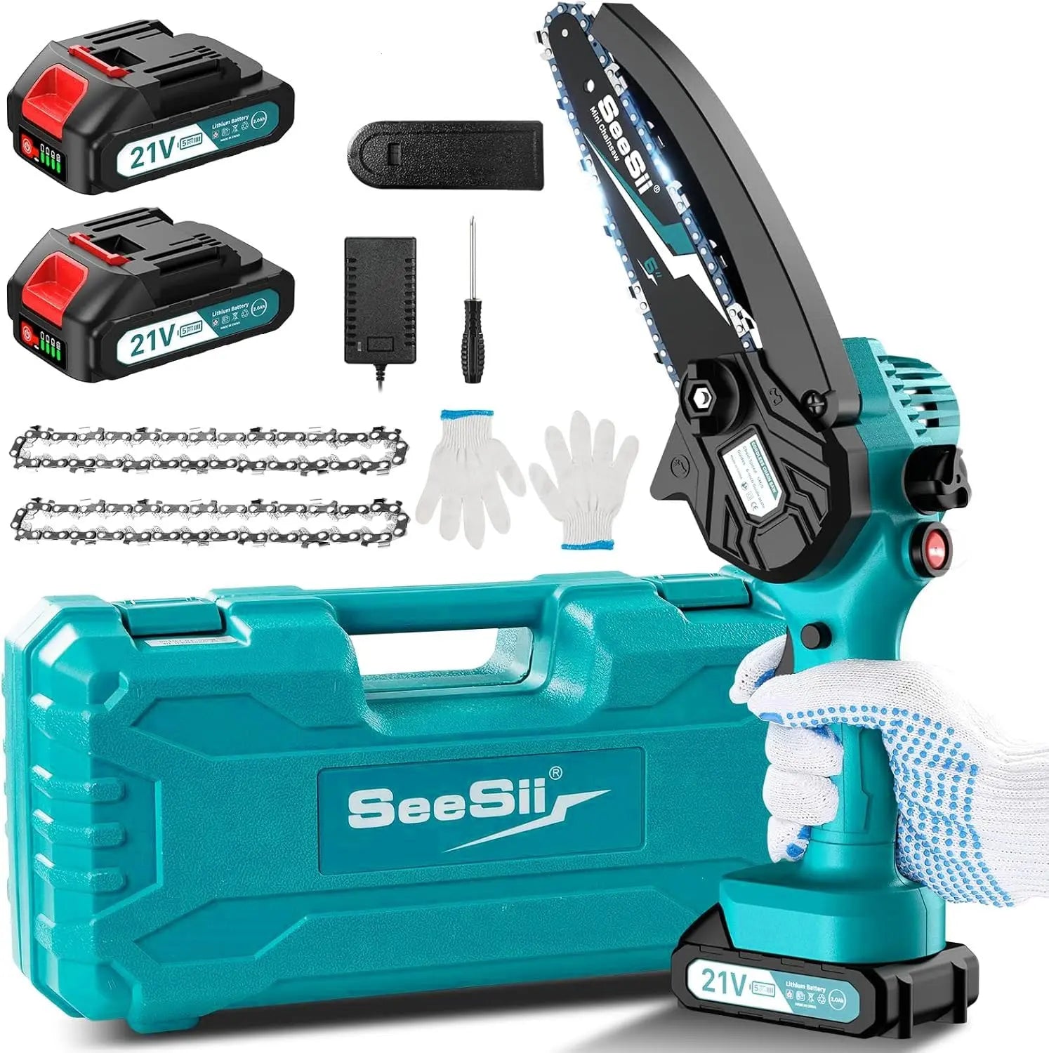 SEESII 6'' Mini Motosierra Bateria 4000mAh, 1100W Motosierra Eléctrica Bateria con Depósito Para El Aceite y Cadena Reemplazable, Motosierra Inalámbrica Portátil para Podar Árboles de Jardinería Seesii