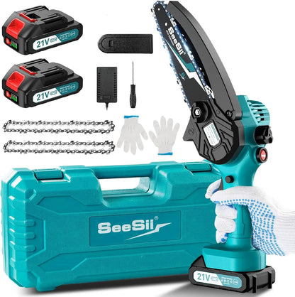 SEESII 6'' Mini Motosierra Bateria 4000mAh, 1100W Motosierra Eléctrica Bateria con Depósito Para El Aceite y Cadena Reemplazable, Motosierra Inalámbrica Portátil para Podar Árboles de Jardinería Seesii
