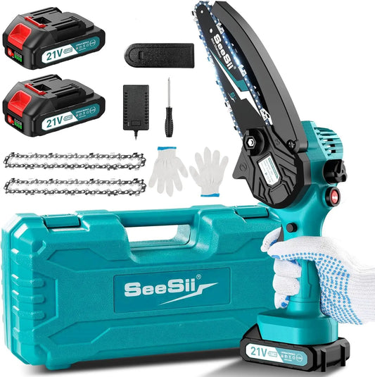 SEESII 6'' Mini Motosierra Bateria 4000mAh, 1100W Motosierra Eléctrica Bateria con Depósito Para El Aceite y Cadena Reemplazable, Motosierra Inalámbrica Portátil para Podar Árboles de Jardinería Seesii