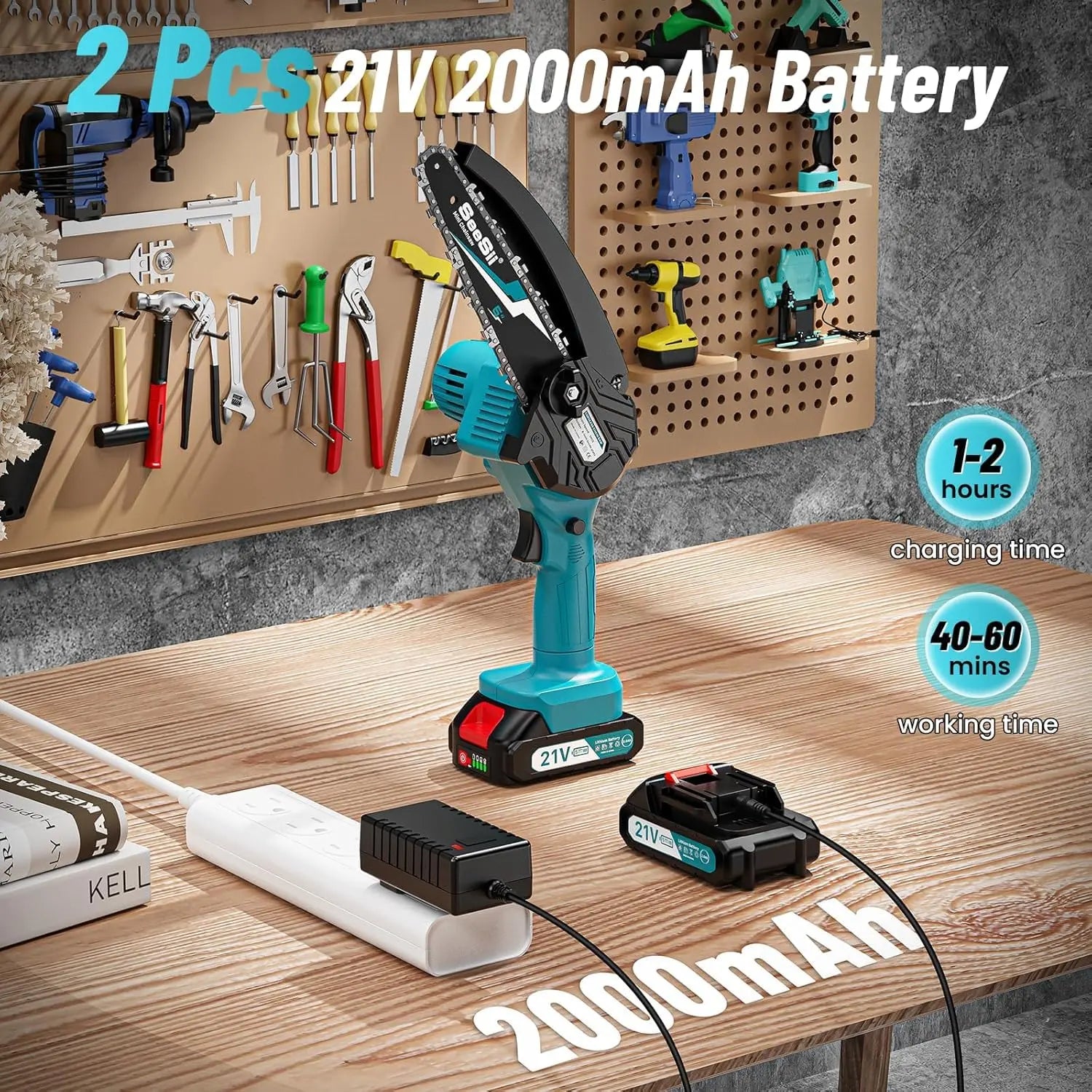 SEESII 6'' Mini Motosierra Bateria 4000mAh, 1100W Motosierra Eléctrica Bateria con Depósito Para El Aceite y Cadena Reemplazable, Motosierra Inalámbrica Portátil para Podar Árboles de Jardinería Seesii