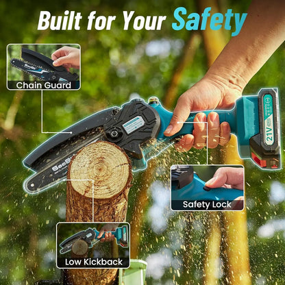 SEESII 6'' Mini Motosierra Bateria 4000mAh, 1100W Motosierra Eléctrica Bateria con Depósito Para El Aceite y Cadena Reemplazable, Motosierra Inalámbrica Portátil para Podar Árboles de Jardinería Seesii