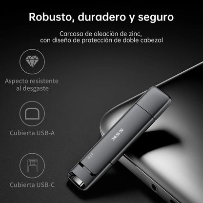 SSK SSD Pendrive 256 GB ，Memoria USB Flash hasta 550 MB/s ，Dual Drive usb3.2 Gen 2 Tipo c + a OTG Metal Pen Drive，Disco Duro Externo SSD para Smartphones Android, Pc, Tabletas ，Macs SSK