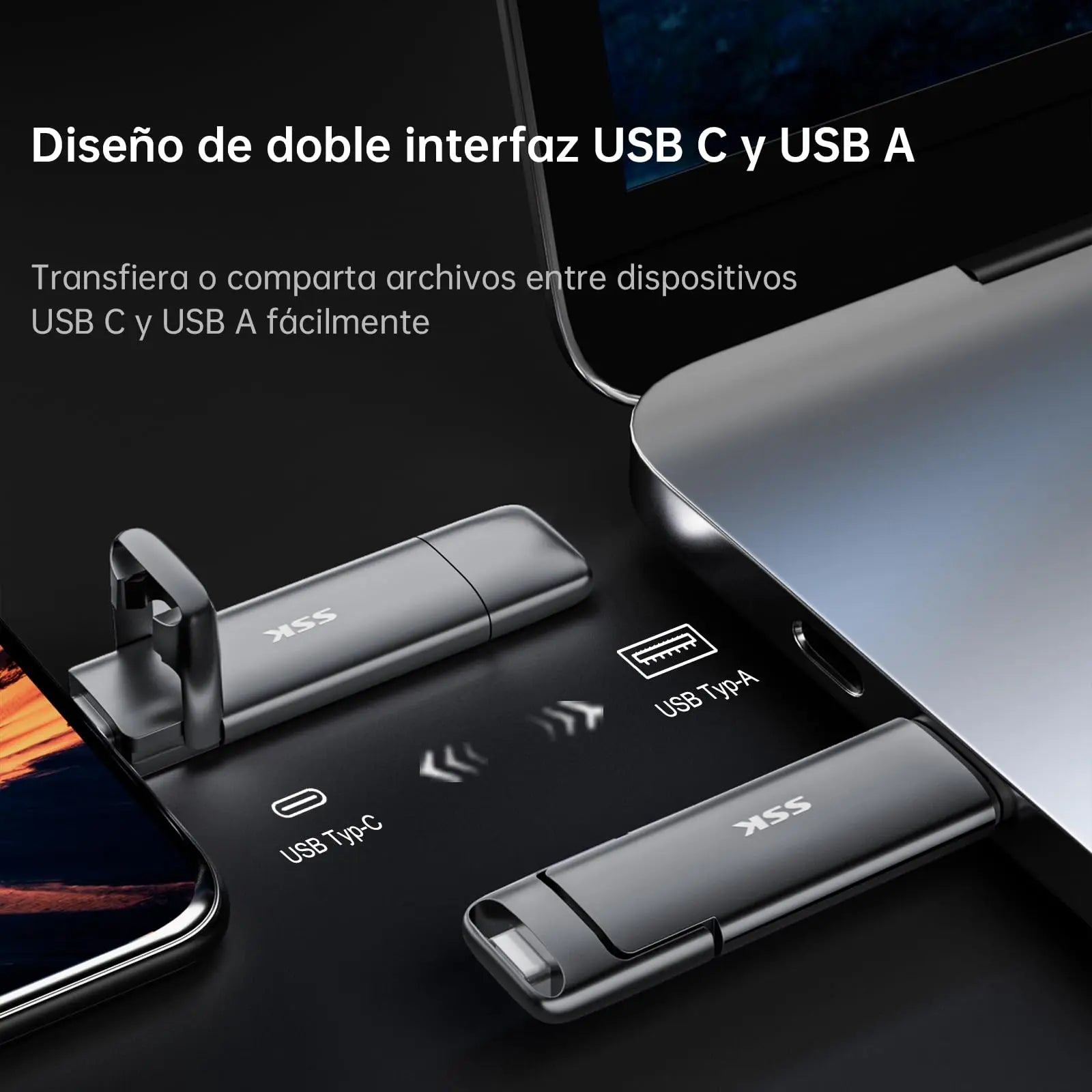 SSK SSD Pendrive 256 GB ，Memoria USB Flash hasta 550 MB/s ，Dual Drive usb3.2 Gen 2 Tipo c + a OTG Metal Pen Drive，Disco Duro Externo SSD para Smartphones Android, Pc, Tabletas ，Macs SSK