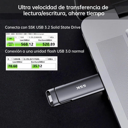 SSK SSD Pendrive 256 GB ，Memoria USB Flash hasta 550 MB/s ，Dual Drive usb3.2 Gen 2 Tipo c + a OTG Metal Pen Drive，Disco Duro Externo SSD para Smartphones Android, Pc, Tabletas ，Macs SSK