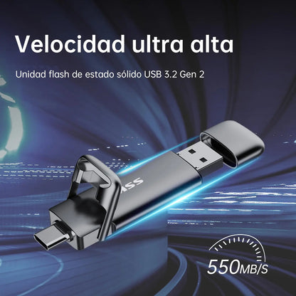 SSK SSD Pendrive 256 GB ，Memoria USB Flash hasta 550 MB/s ，Dual Drive usb3.2 Gen 2 Tipo c + a OTG Metal Pen Drive，Disco Duro Externo SSD para Smartphones Android, Pc, Tabletas ，Macs SSK