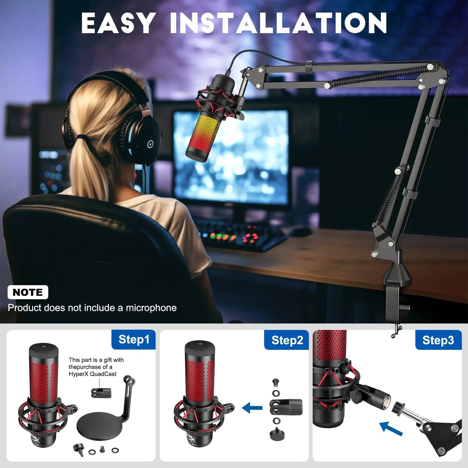 Soporte de Micrófono,Aokeo AK-35 Brazo de Micrófono ajustable negro Profesional para Micrófono de HyperX QuadCast,Blue Yeti,Blue Snowball,Etc Aokeo