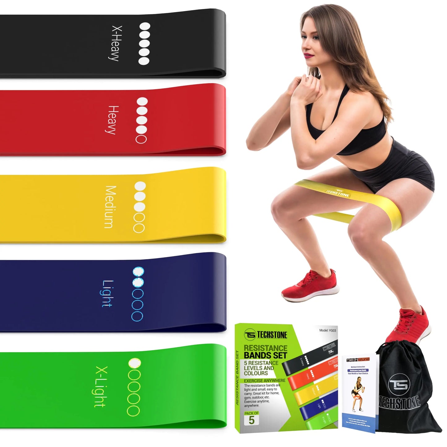 TechStone Juego de Bandas Resistencia para Hombres y Mujeres, Paquete de 5 Diferentes Niveles de Resistencia Bandas elásticas Gimnasio en casa Entrenamiento a Largo Plazo Bolsa de Transporte Gratuita TechStone