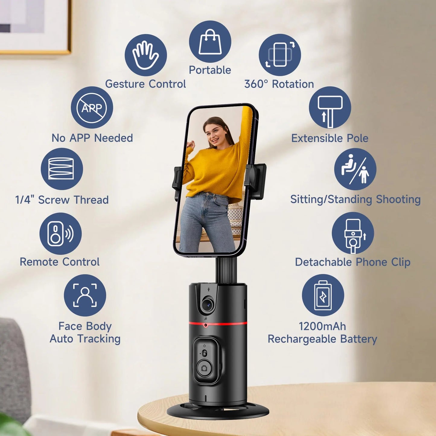 Trípode para Smartphone, Extensible, Soporte para teléfono móvil con función de Seguimiento de 360° de la Cara y Mando a Distancia, no Requiere aplicación - SacrificioShop